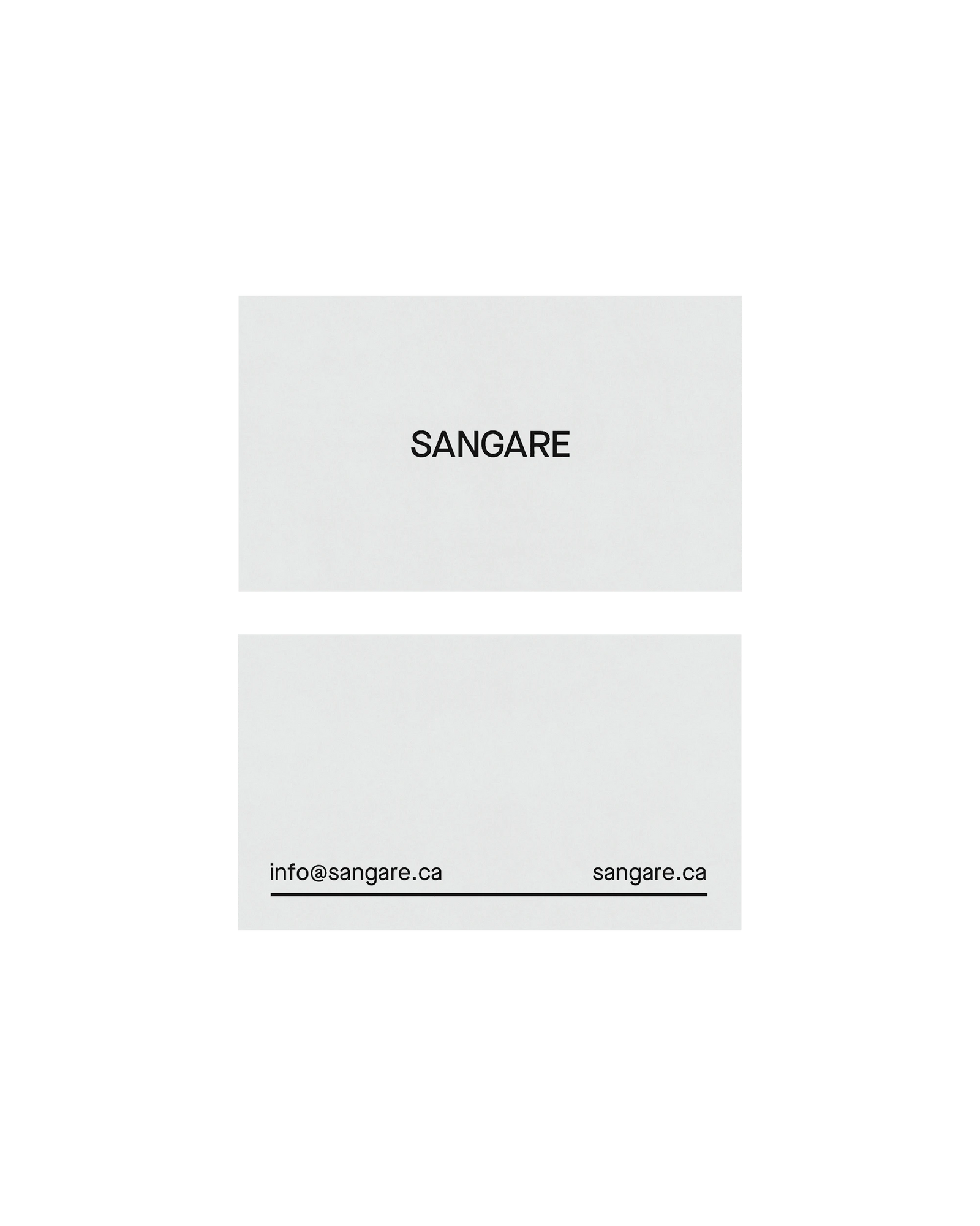 SANGARE — recto-verso d'une carte d'affaires grise portant le wordmark SANGARE et les coordonnées