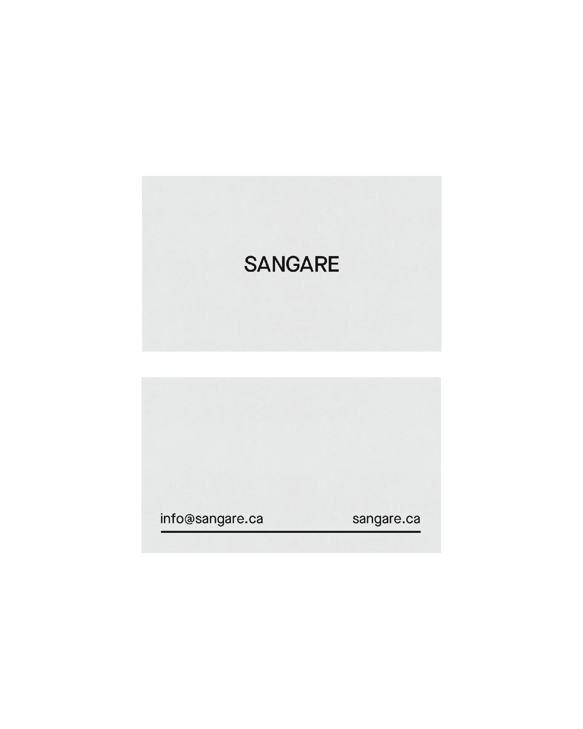 SANGARE — carte d'affaires grise recto-verso, wordmark SANGARE et coordonnées sur fond vert