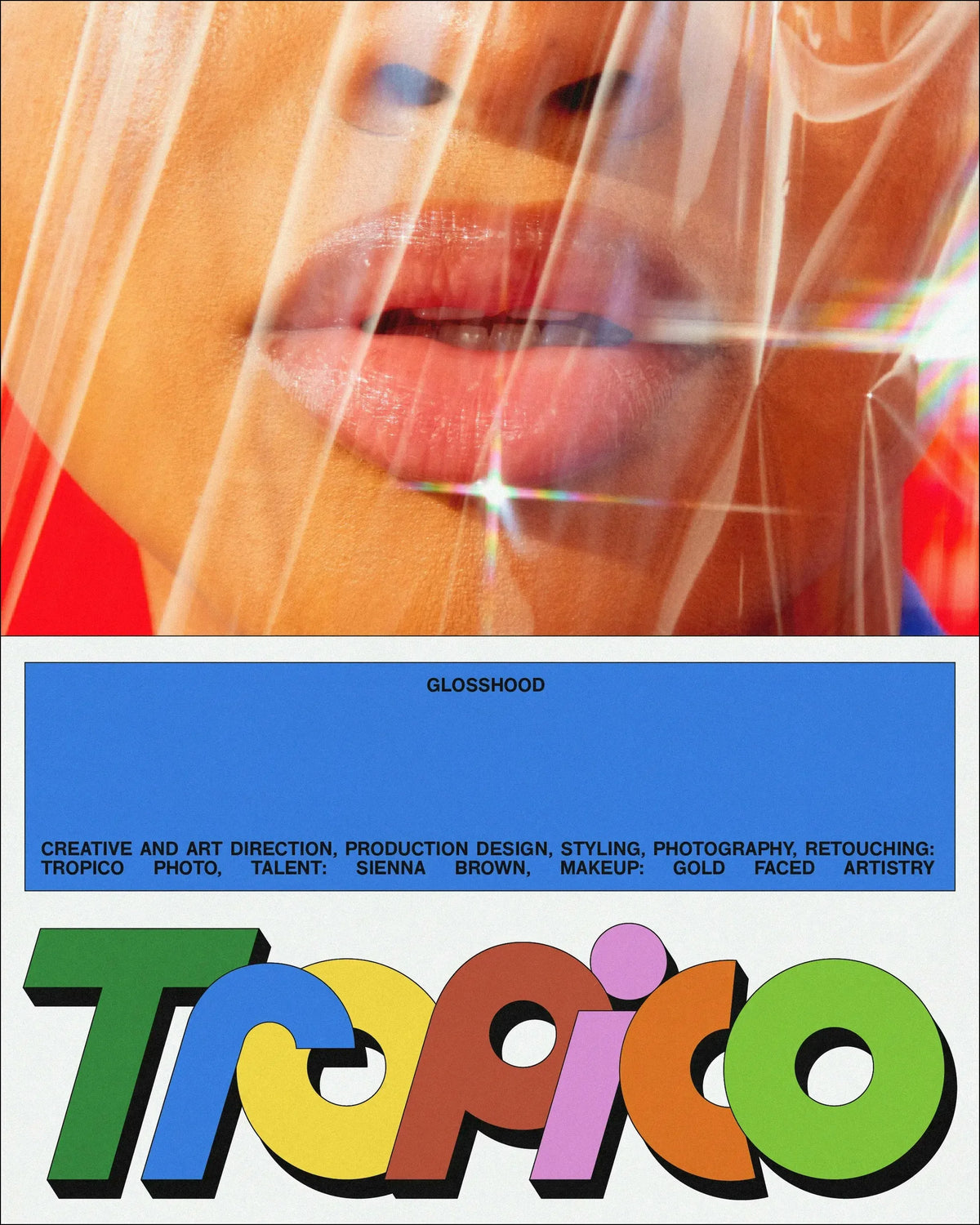 Tropico Photo — bouche brillante en gros plan sous film plastique, logo Tropico multicolore en bas