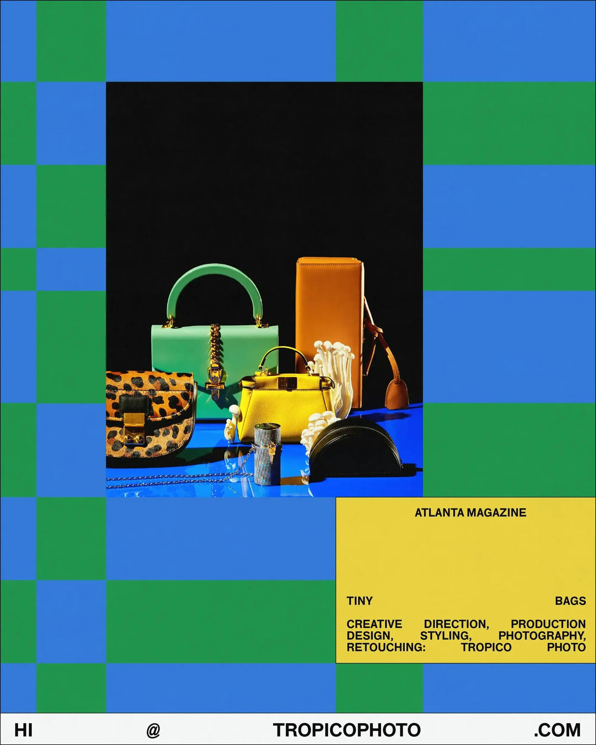 Tropico Photo — nature morte de sacs à main colorés sur damier bleu et vert, crédits Atlanta Magazine