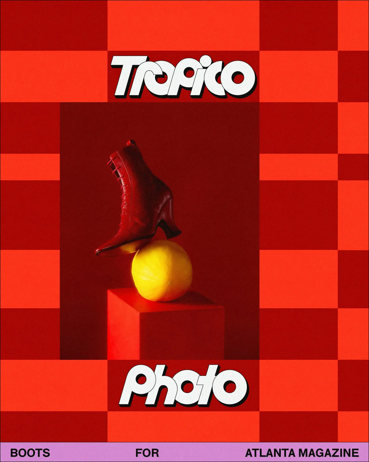 Tropico Photo — botte rouge perchée sur un citron, fond damier rouge, « Boots for Atlanta Magazine »