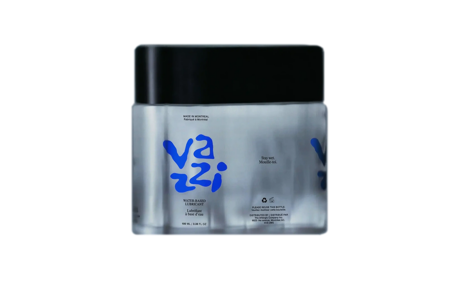 Vazzi — pot transparent à couvercle noir, logo bleu et mentions de lubrifiant à base d'eau