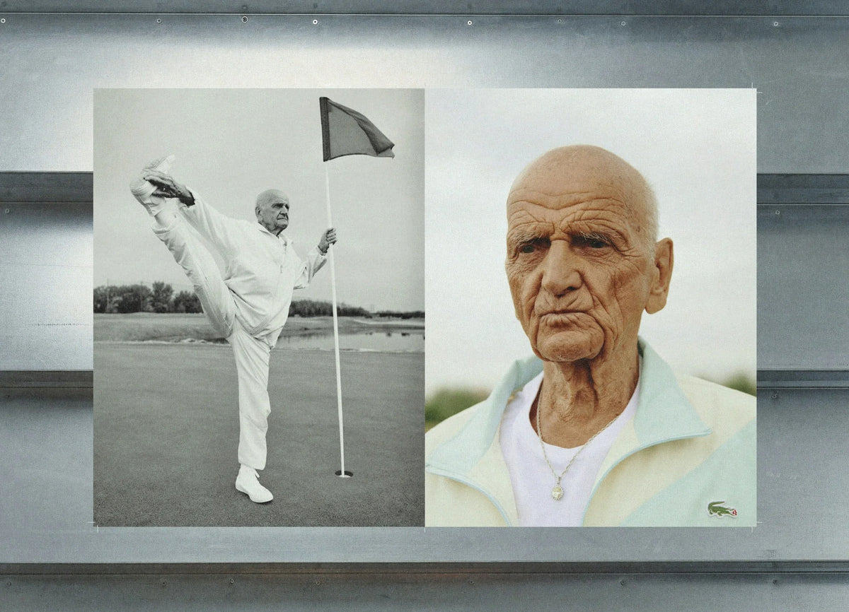 Now — deux photos affichées, golfeur en noir et blanc à gauche, portrait d'homme âgé à droite